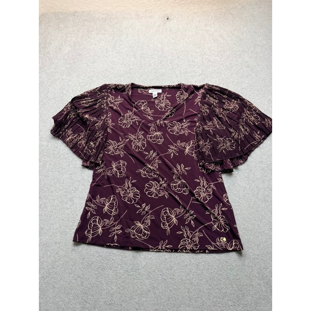 Calvin Klein Women Plum Purple Floral V-Neck Pleated Flutter Sleeve Blouse M